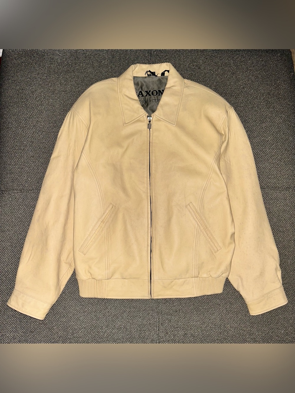 90s Saxony Collection Cream Leather Men's Zip Bomber Jacket